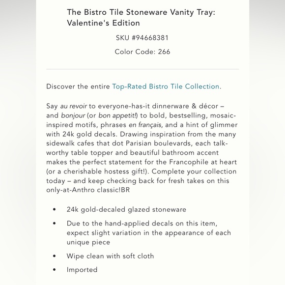 Anthropologie Bistro Tile Valentines Theme Vanity Tray NWT - Picture 4 of 10